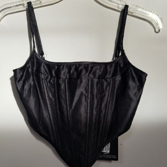 PrettyLittleThing Tops - Pretty Little Thing Top Womens 2 Black Satin Dipped Ham Boned Corset Cami Swifty